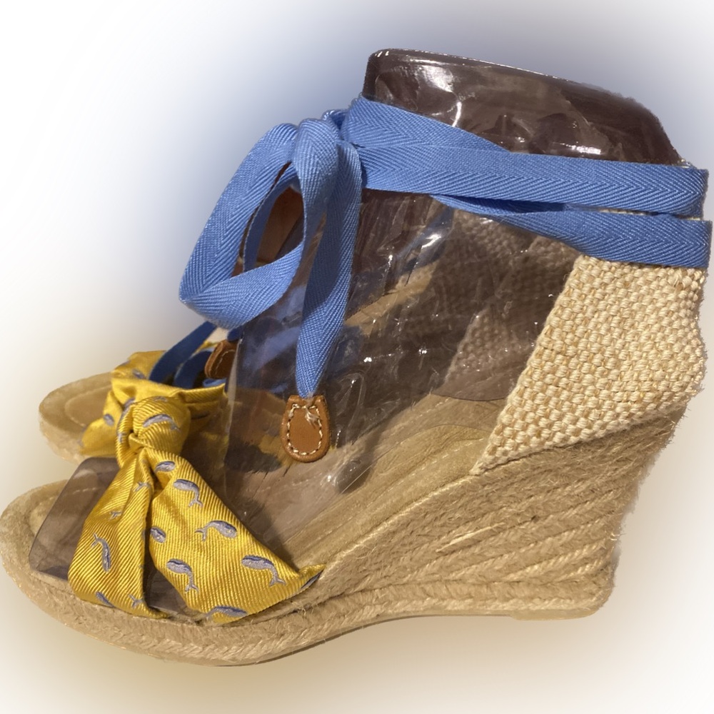 J. Crew Womens Marianne
Espadrilles Tie Wedges Yellow
Light Blue Whales Sz 7